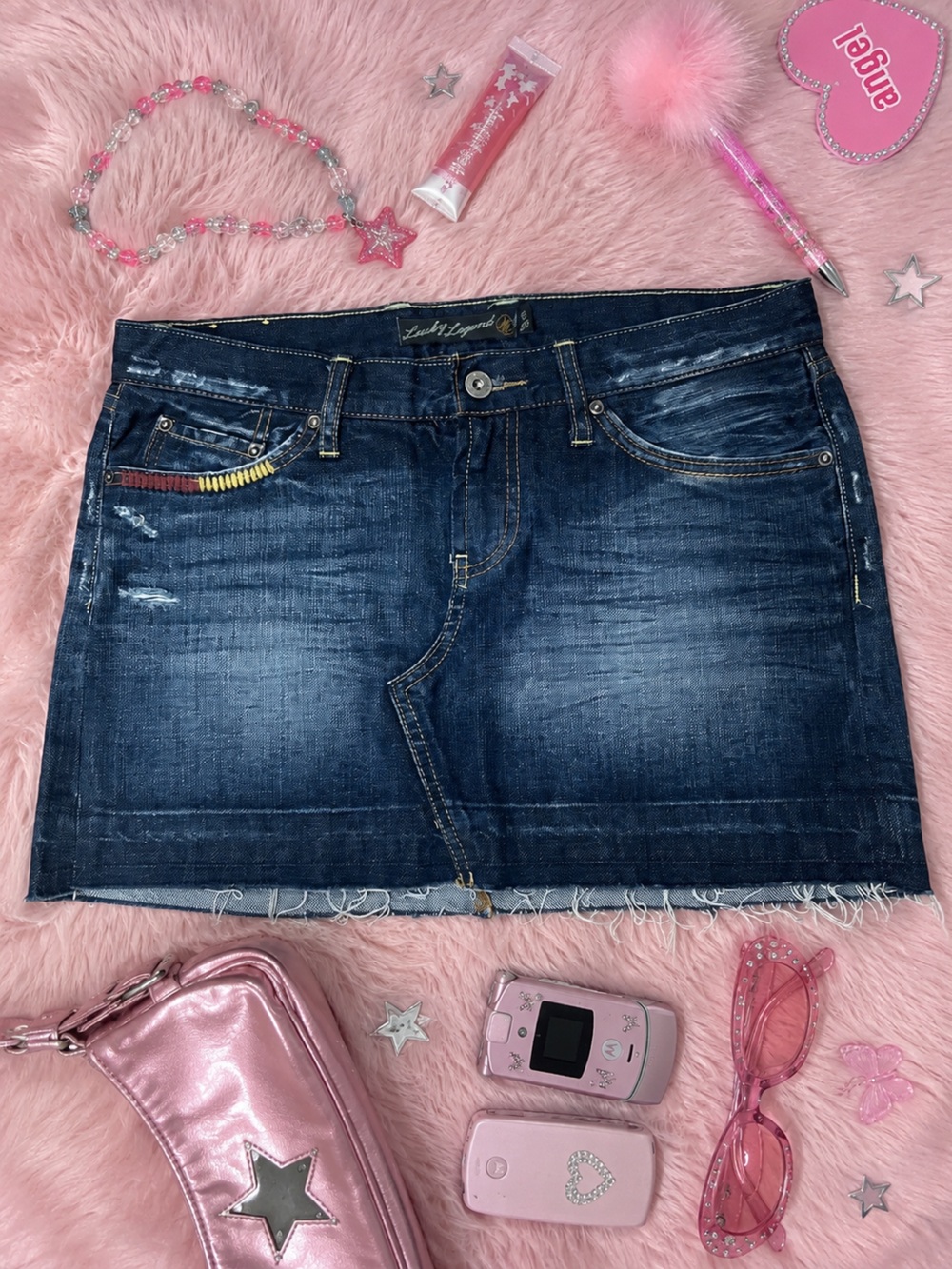 Lucky Brand Y2K Dark Wash Denim Mini Skirt Distressed Raw Hem Size 6